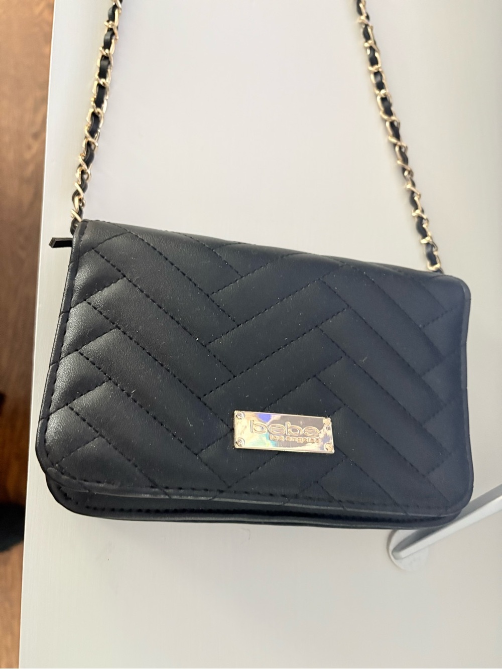 bebe Quilted Black Crossbody with Gold Chain